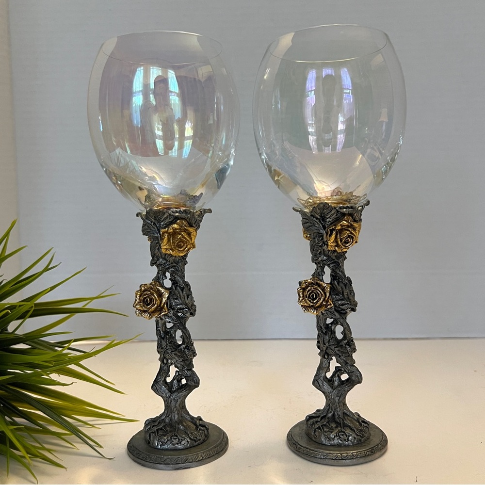 Two Vintage pewter-stemmed wine glasses with gold & silver-tone rose vine design